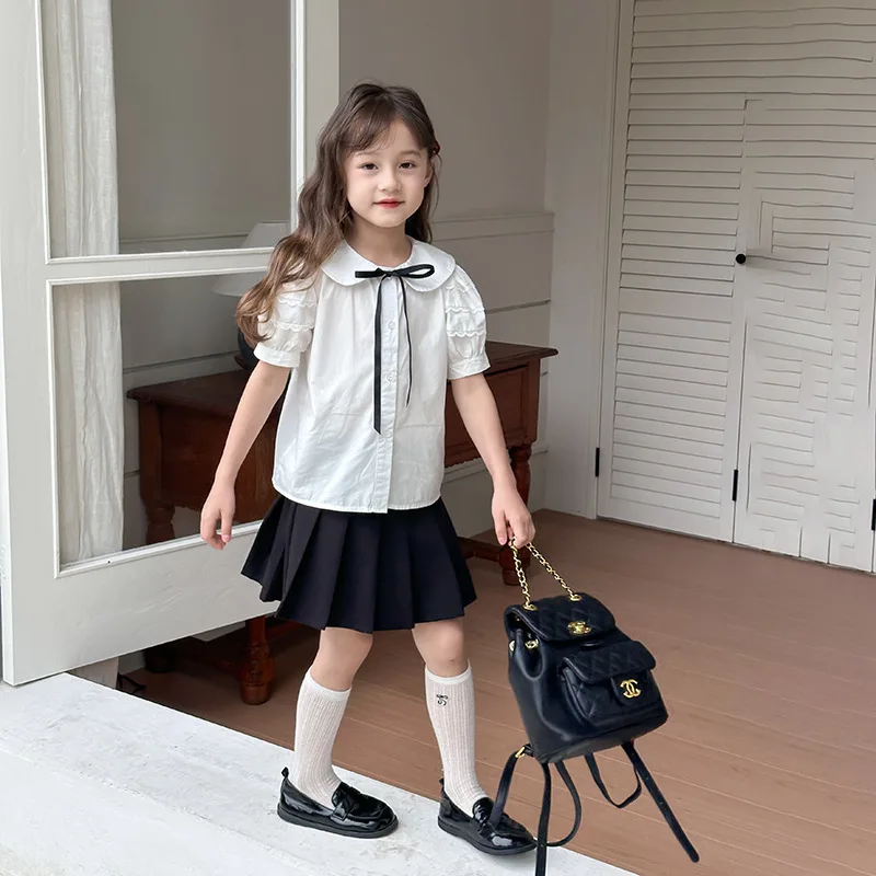 Girls Blouses 2024 New Summer Kids Preppy Set Girls Bubble Short-sleeved Bow Shirt Korean Simple Style Children Clothes