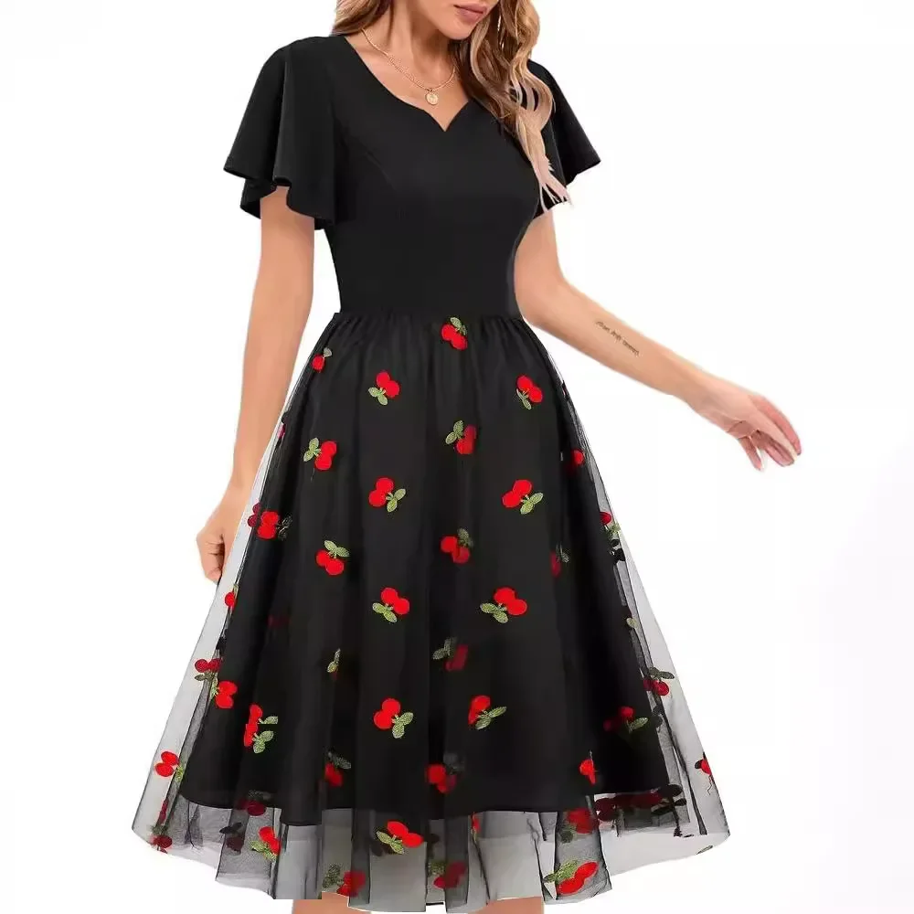 

2024 New Sweetheart Neck Cherry Cute Embroidered Mesh Party Dress Women Elegant Luxury Evening Banquet Y2K Vintage Long Dresses