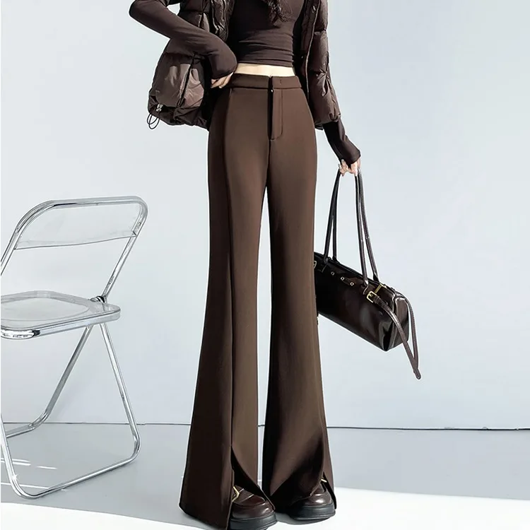 High Waist Wide Leg Flared Casual Pants Women's Fce Lined  Flare Suit Pants Asymmetrical Zipper ket Pants