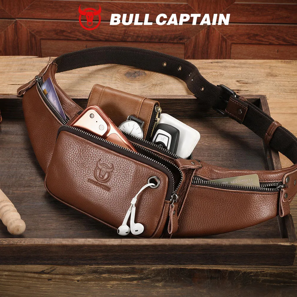 BULLCAPTAIN Genuine Leather Waist Bag Casual Fanny Pack Men Multifunction Outdoor Chest Bag Phone Pouch Travel Crossbody Bages
