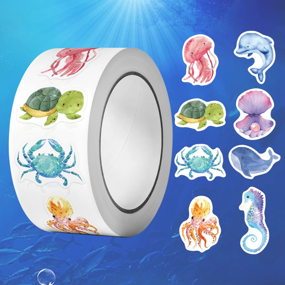 500 Pcs/roll Kawaii Marine Animal Dolphin Whales Stickers Teacher Reward Sticker Cute Animal Stickers School Supplies Incentives