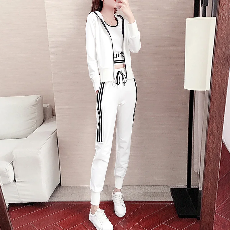 

Women's Sporty Casual Set Long Sleeve Sweatshirt Cardigan Three Piece Suite Korean Fashion Trendy Small Size Cotton Blend