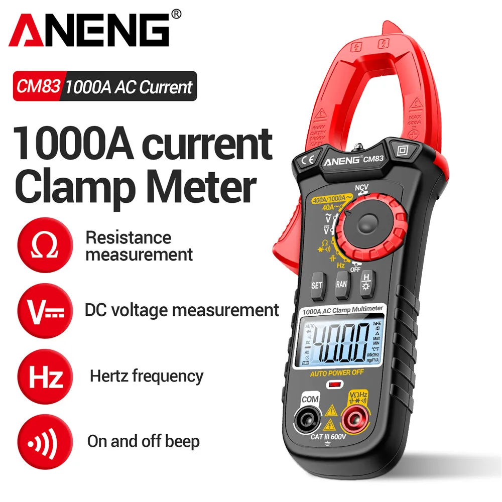 ANENG CM83 cyfrowy miernik cęgowy amperomierz prądu przemiennego Tester napięcia wzmacniacz samochodowy Hz pojemność NCV Ohm Test