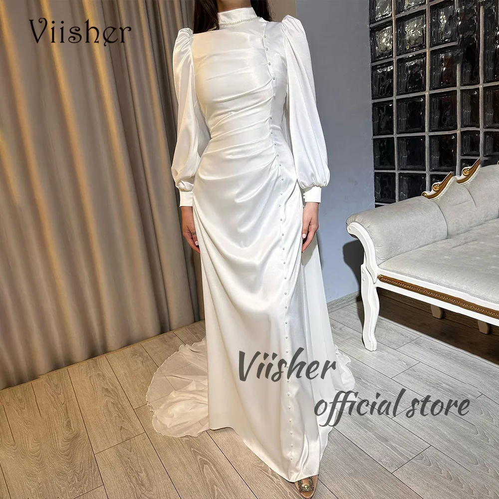 White Dubai Muslim Mermaid Wedding Dresses Pearls Beads Long Sleeve High Neck Arabia Bridal Gowns Pleats Satin Maxi Wedding Gown