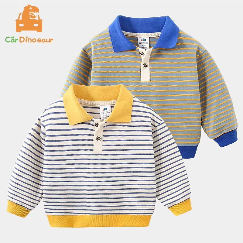 2027 Spring Autumn 2 3 4 6 8 Years School Children Cotton Turn-Down Collar Colorful Striped Patchwork T-shirt For Baby Kids Boys