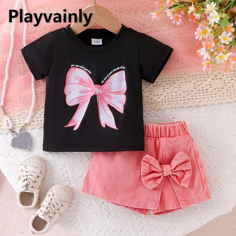 

Новые летние модные комплекты для девочек: черная футболка с принтом в виде банта и короткими рукавами + асимметричная юбка-брюки, повседневная одежда для малышек B0286