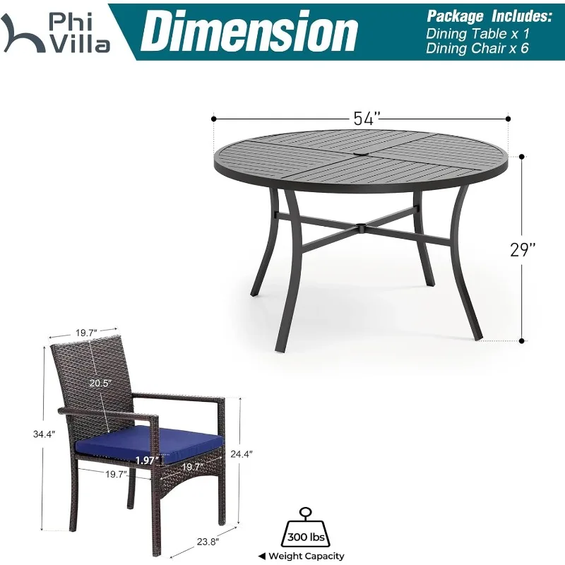 7 Pieces Outdoor Round Dining Set for 6, Large Wrought Iron Dining Table with Umbrella Hole