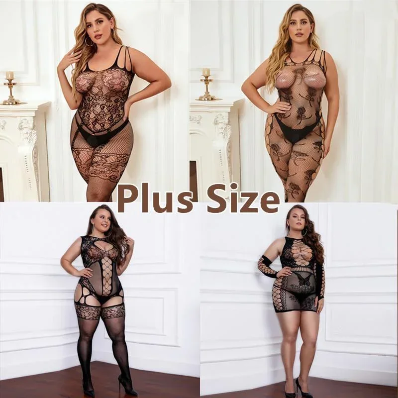 FREEAUCE Sexy Xxxl Body Stocking Erotic for Women Plus Size Open Crotch Lace Bodysuit See Through Fishnet Suit Fishnets Lingerie