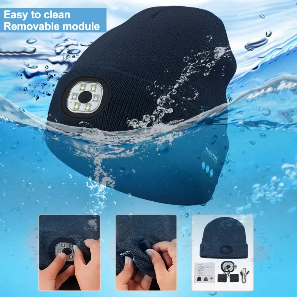Bonnet Bluetooth aste activé par les appels musicaux, bonnet d\'hiver LED avec éclairage haute luminosité, musique sans fil pour le camping