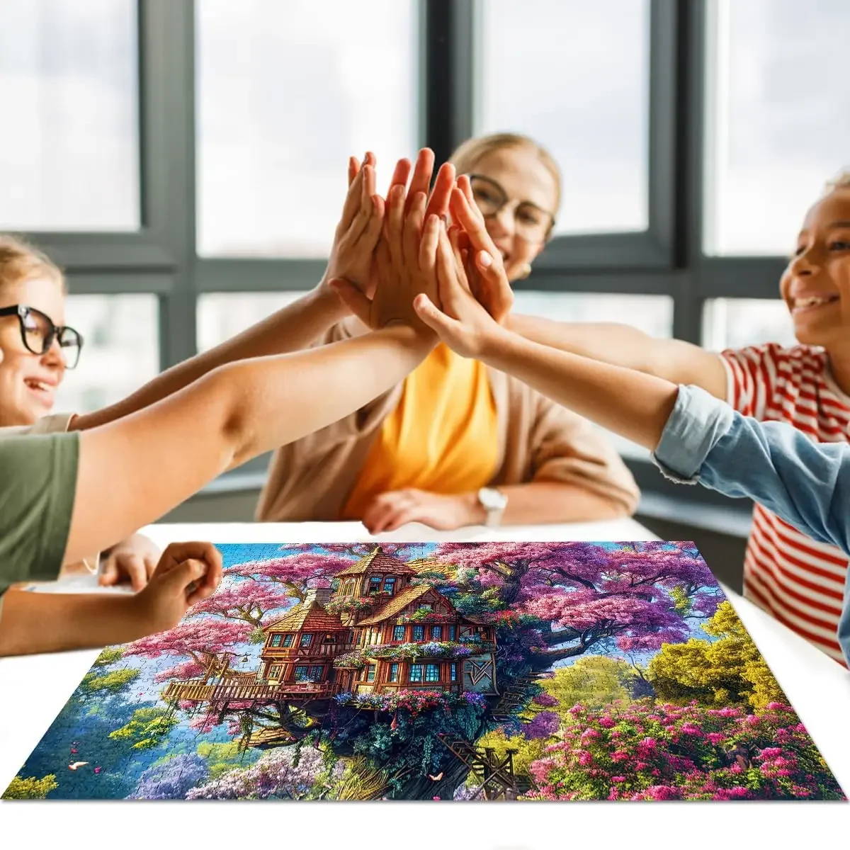 Adult Wooden Puzzle 1000/500/300 Piece Tree House and Flowers Jigsaw Puzzles for Gameroom Bedroom Livingroom Party Birthday Gift