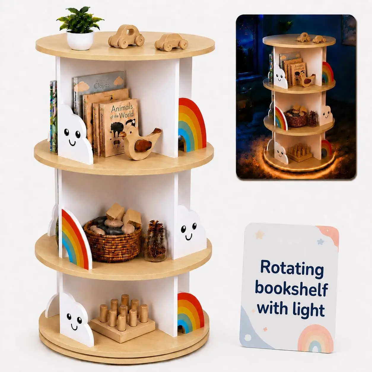 Rotating Bookshelf Kids Removable Light Spinning Book Shelves Toddler Rooms Small Wooden Round White Tower Bookcase Nursery Bedr