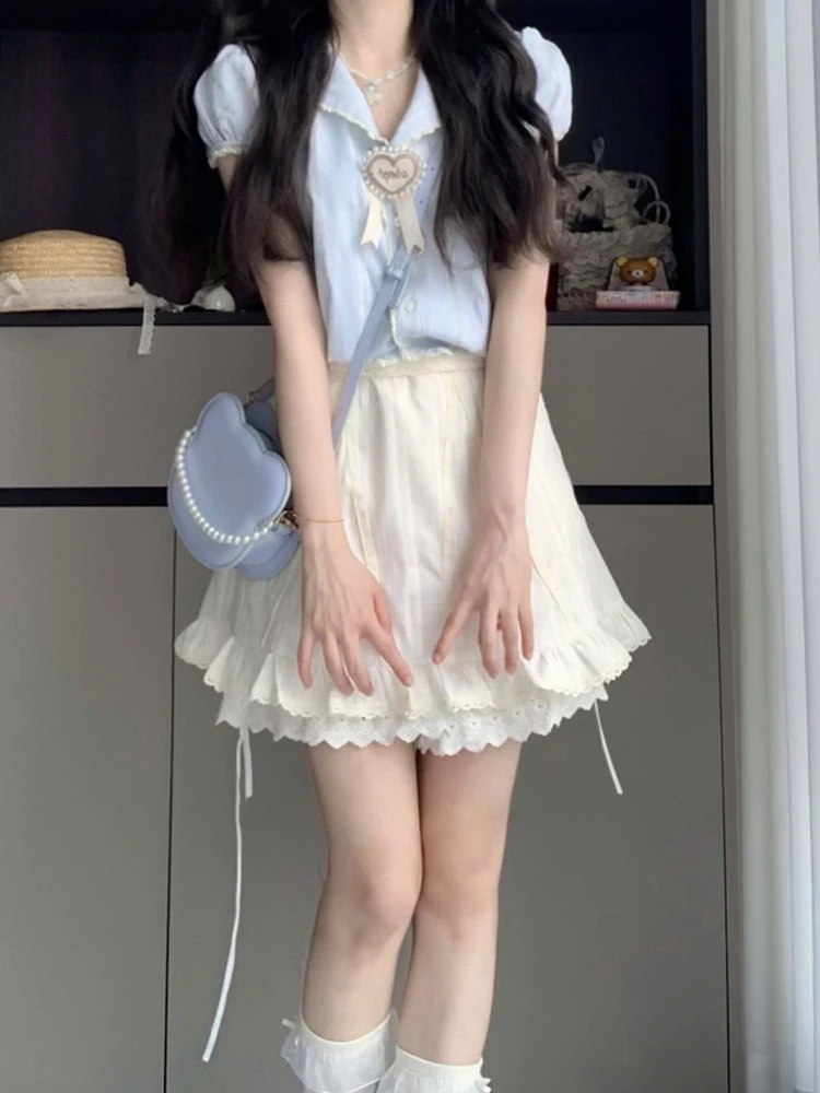 Bleu ort Sve irt Dr Femmes Été Nouveau sentiment haut de gamme Clete Ensemble jupe ort Coréenne Sle Taille haute Polyester...