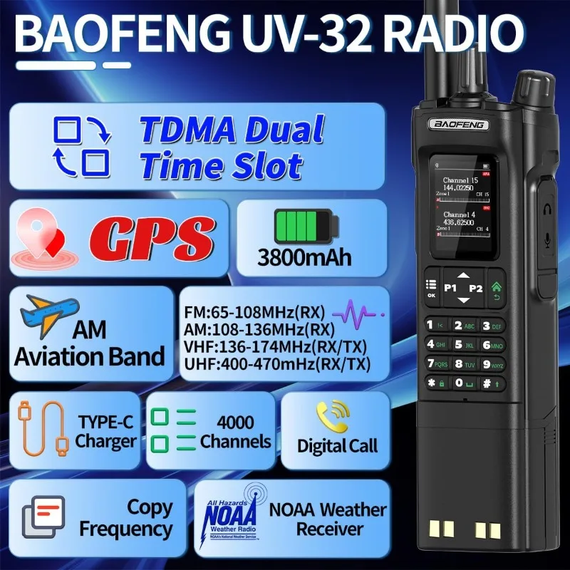 BAOFENG DM32 Walkie Talkie UV DMR GPS/APRS 10W Programming Multi Band Wireless Copy Frequency Type-C UV32 Ham Two Way Radio