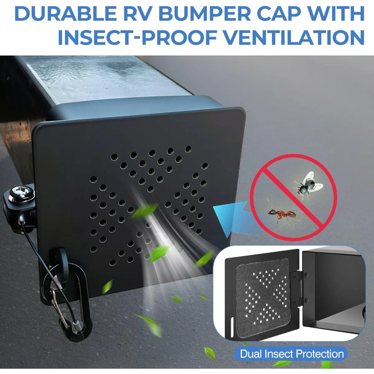 

Aluminum RV Bumper End Cap for 5x4.5 Inch Square Bumper Plug, 2in 1, Completely Put An End to Bug Crawling, with Hinged Door Camper Sewage Hose Storage Protective Cover, Trailer RV Outdoor Accessories ，