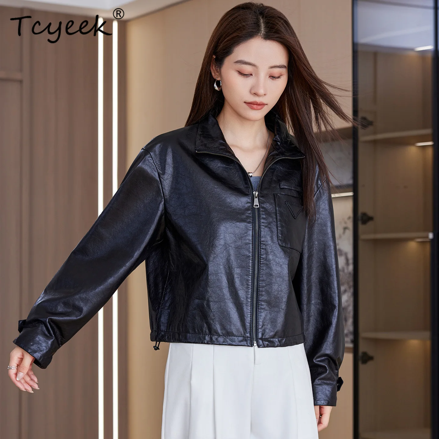 Tcyeek Real Leather Jacket Woman Autumn Clothes Motocycle Jackets Natural Sheepskin Vegetable Tanning Women Coats Loose Fit 2026