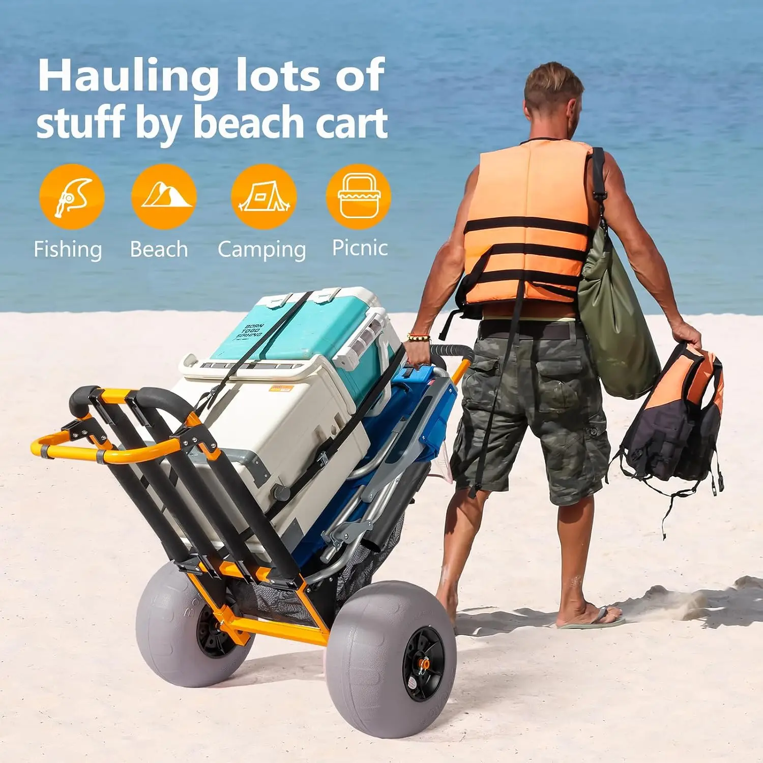 Bonnlo Beach Fishing Cart, Beach Wagon Trolley with 12" Big Balloon Wheels, Foldable, Orange, Aluminum Frame & Handle, 23" x 15" Cargo Deck, Fishing Rods & Water Bottle Holders, Mesh Bag, Hand Pump view 3