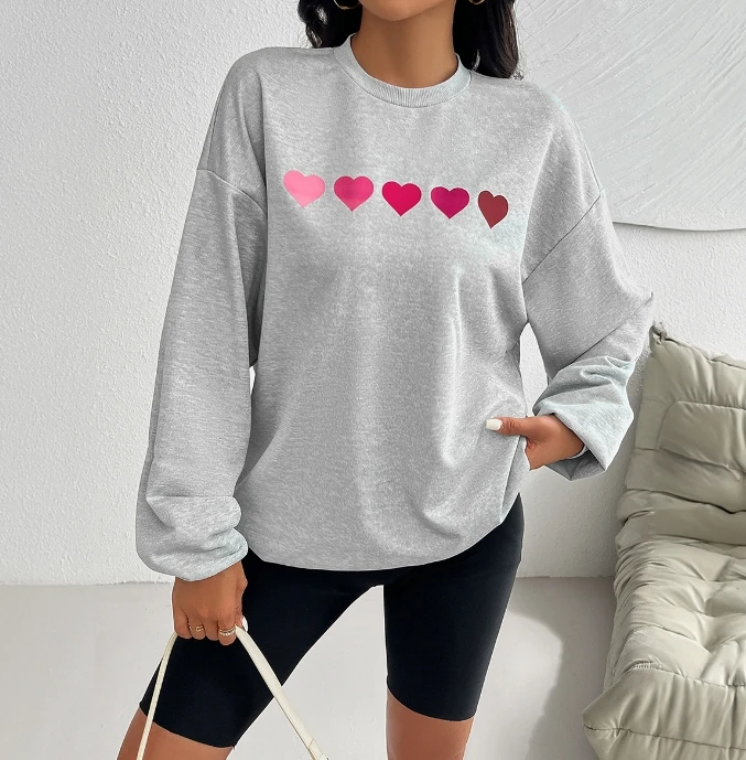 Women's Fashion Pullover 2024 Autumn Winter Latest Knitted Shirt Casual Loose Printed Love Long Sleeve Hoodie Round Neck Top