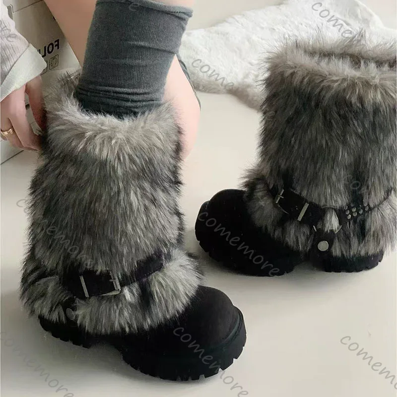 

Comemore Winter Warmer Fur Snow Boots Women Autumn Winter Thick Bottom Cotton Shoes Female Two Wear Furry Round Toe Short Botas