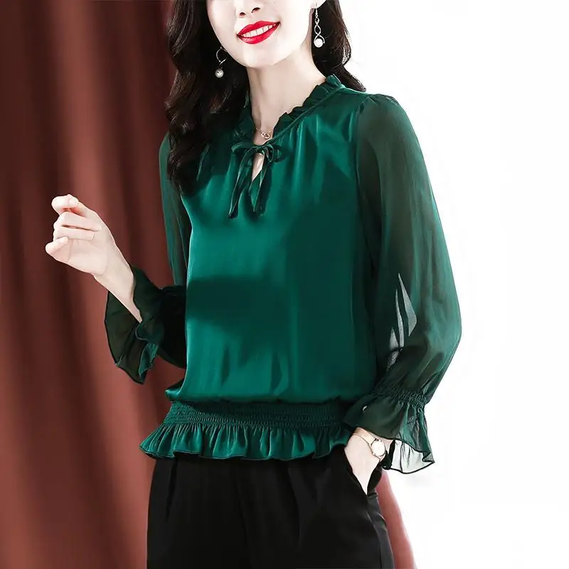 Elegant Korean Solid Color Ruffles Shirt Spring Autumn Casual Fashion Lace Up Butterfly Sleeve Loose Blouses Women\'s Clothing