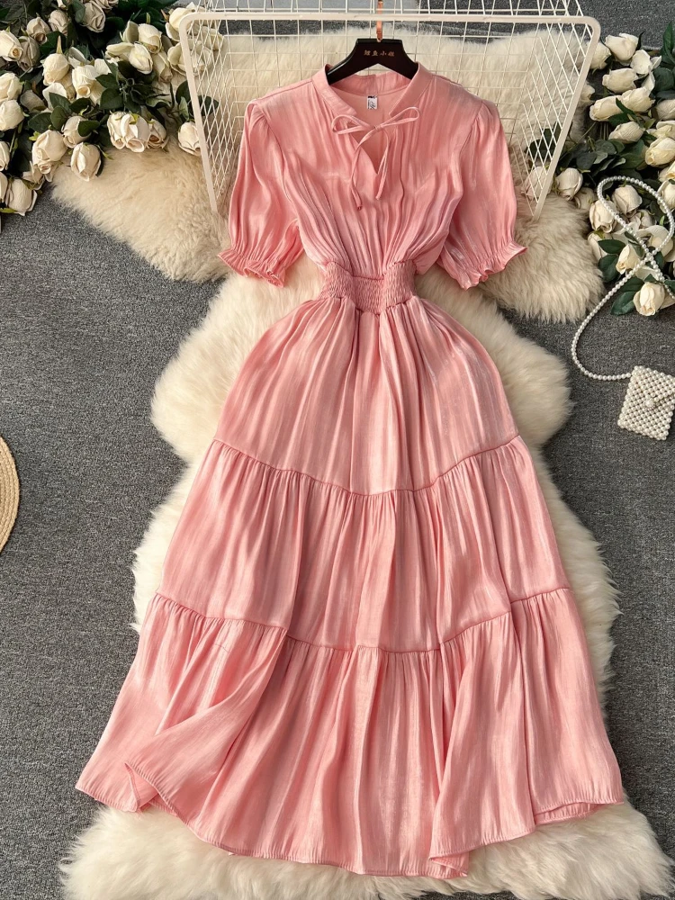 Elegant Solid  Pleat A-line Dress Women Summer Round Neck Hollowed Out Bubble Sleeves Elastic Waist Slim Party Vacation Robe