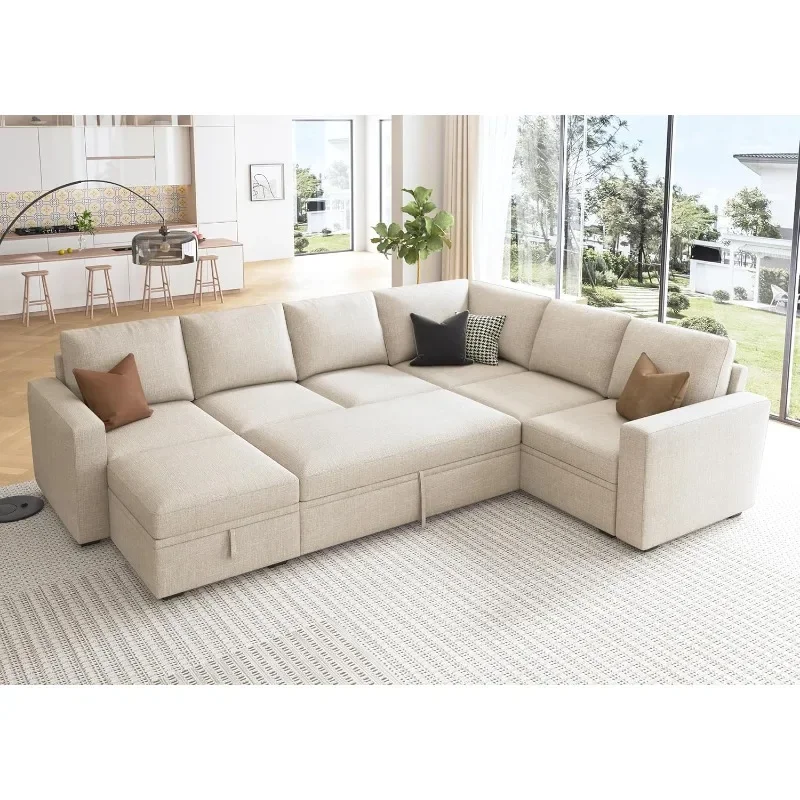 Sofa Tidur Modular dengan tempat tidur yang dapat ditarik keluar, Sofa bersekat-sekat berbentuk U dengan penyimpanan Ottoman Convertible, Sofa 7-tempat duduk, krem