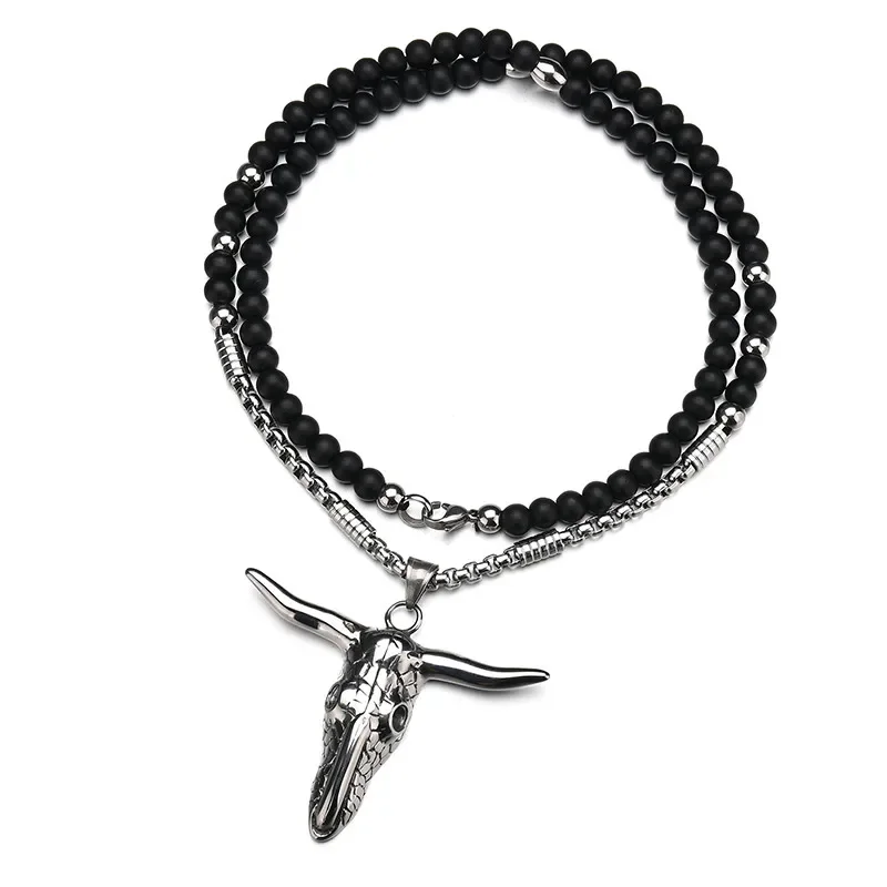 Titanium Steel African Tribe Style Skull Head Bull Pendant Necklace Black Stone Strand Beads Necklaces