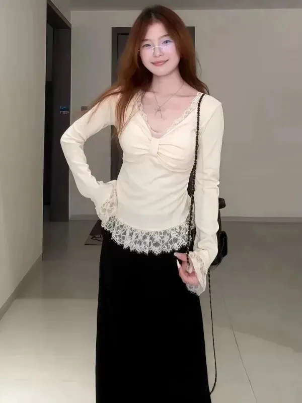 

plus Size Korean Sle Pure Desire V Ne Lace Splice Slim Fit Long Sve T irt Women Autumn Winter Base irt Slim Top