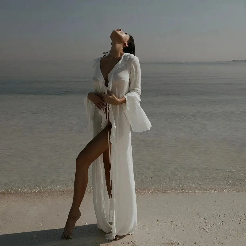 Abito da donna sexy per le vacanze al mare con scollo a V, cardigan con lacci increspato, manica lunga, vita stretta, tuta sportiva, abito grembiule micro trasparente