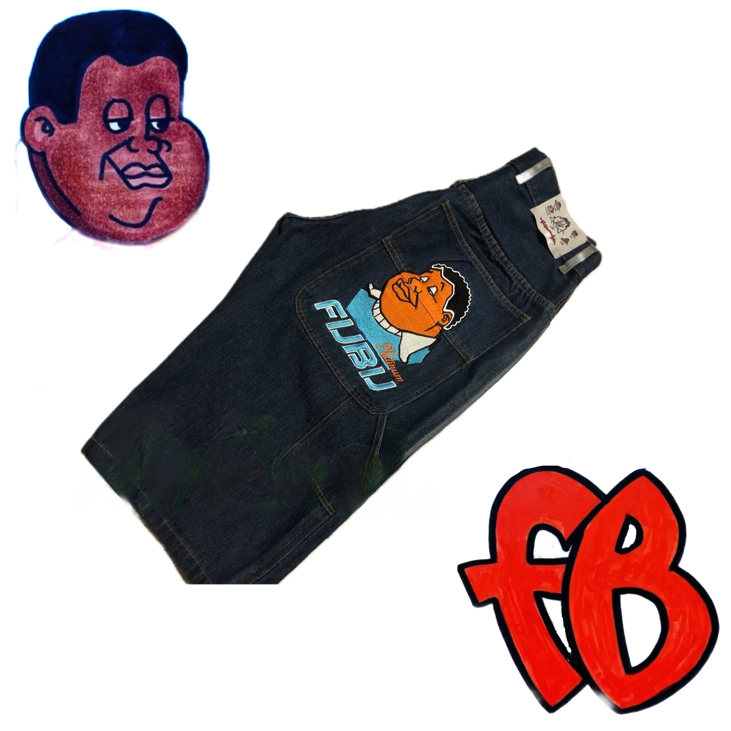 

American Sle Fubu Embroidered Denim Jeans Oldschool Hip Hop Street Dance Rap Thiened Jeans High Waist Neutral Fit Summer