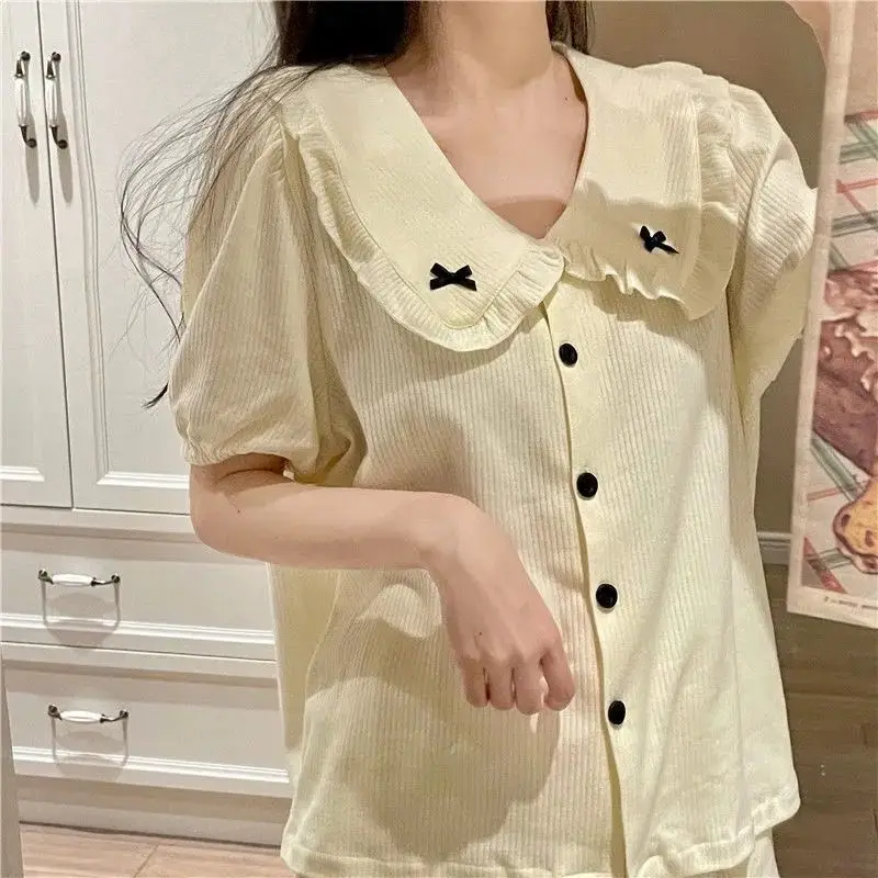 Peter Pan Collar Women Pajamas Sets for Home Summer Solid Sleepwear Shorts Sleeve Bow 2 Pieces Night Wears Korean Home Suit 2024