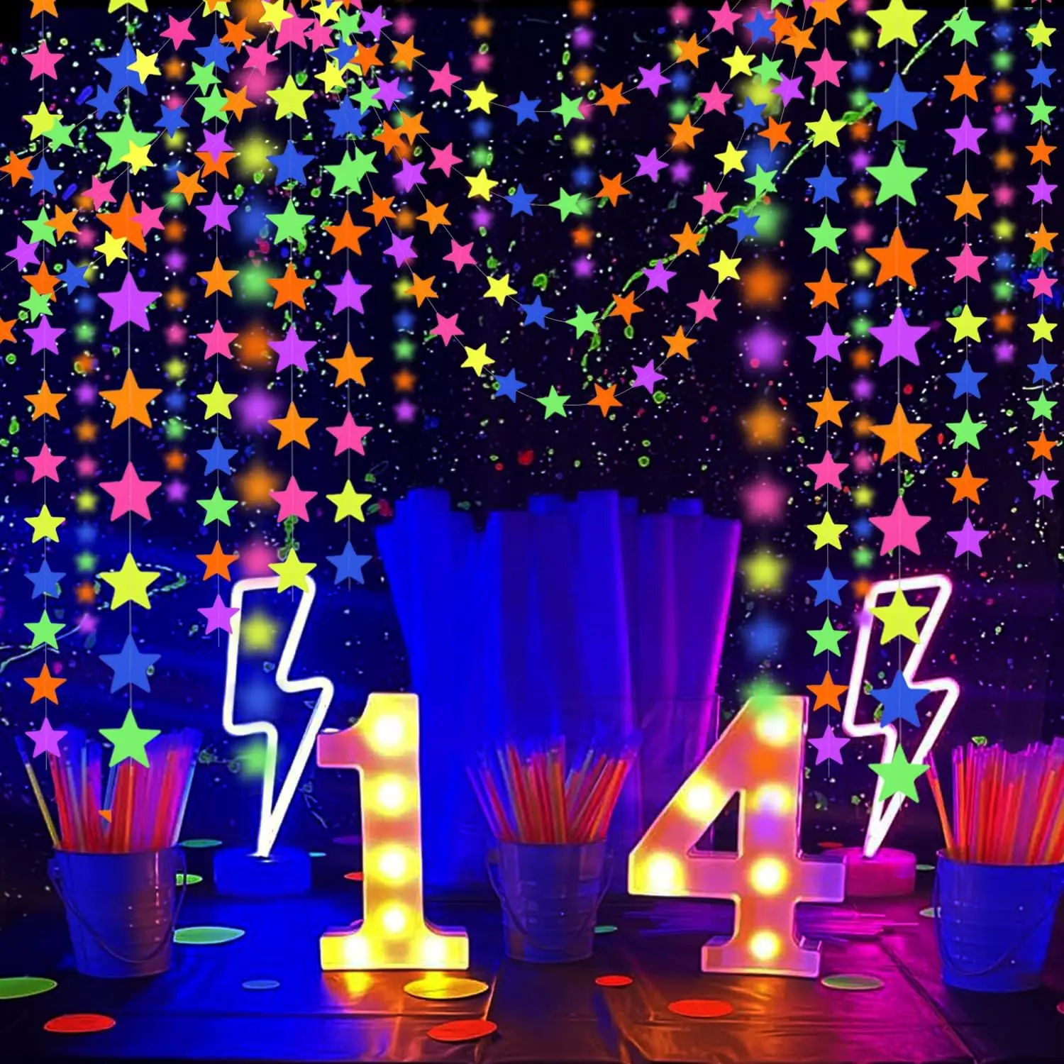 UV Star Paper Neon Garland Neon Streamers Black Light Neon Decorations for Glow in The Dark Party Supplies Birthday Decorations - Detail 1