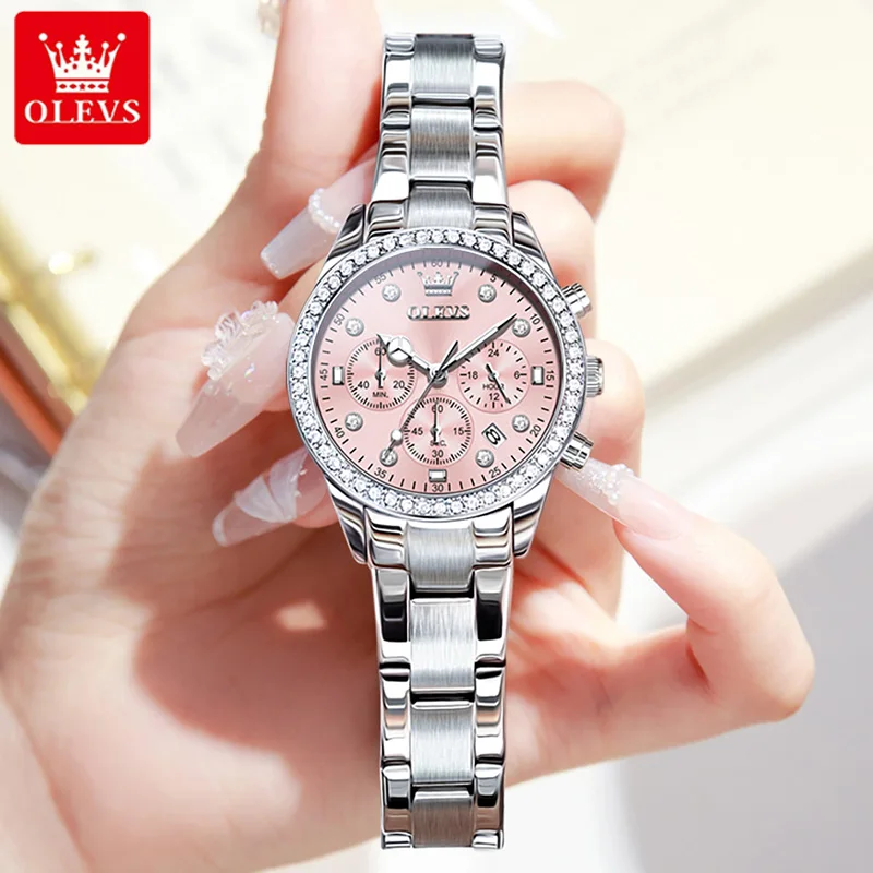 OLEVS Brand Original Quartz Watch for Women Stainless Steel Waterproof Auto Date Chronograph Elegant Diamond Ladies Wristwatch