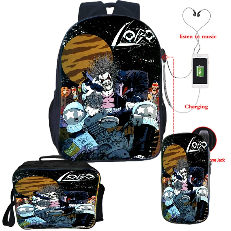 

Cartoon 3D Game Hombre Lobos Pattern USB Charging Backpacks Lunch Bag Pencial Case 3pcs Unisex Arcuate Shoulder Strap Backpack