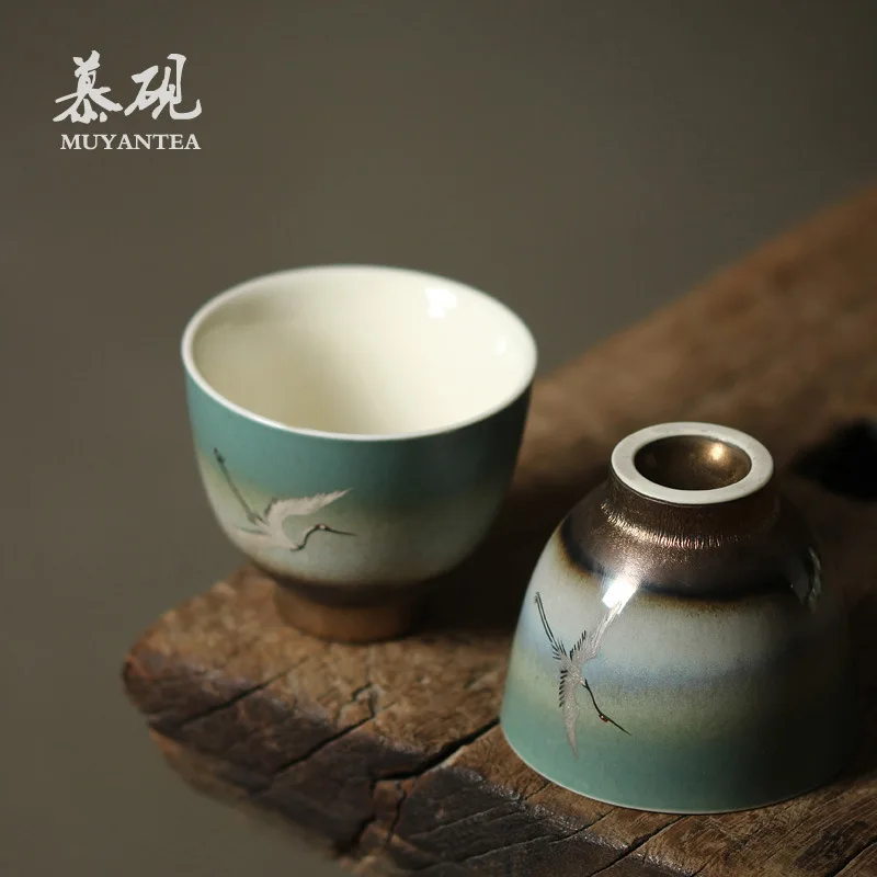 Mutaoyi Hand-Painted Ceramic With Overglaze Color, Auspicious Crane Design, Handmade Master's Cup, Bowl, Vessel, Kung Fu Tea