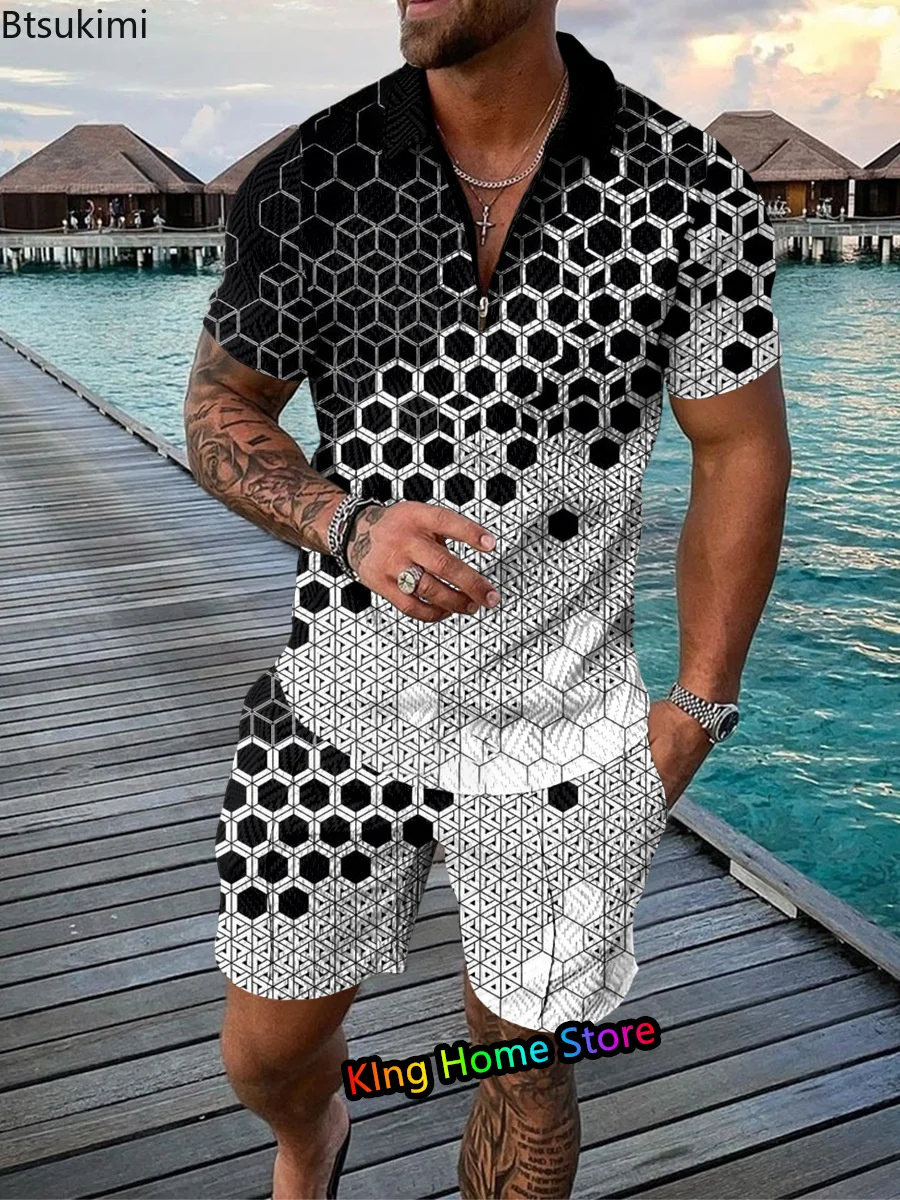 Mode Männer Set Streetwear 3D-Grafiken Druck Kurzarm Revers Polo-Shirt Shorts Anzug Harajuku Sportswear Herren bekleidung