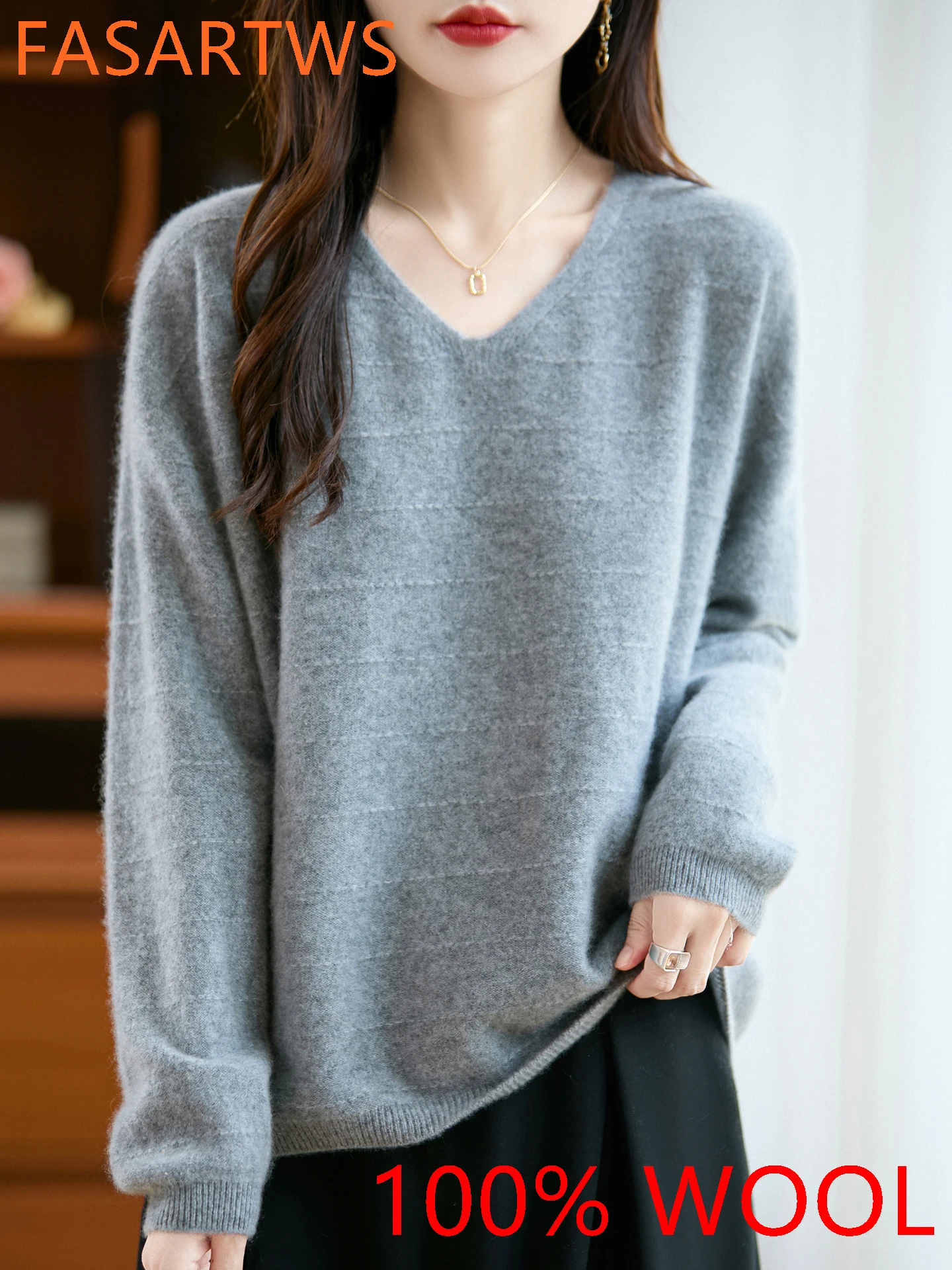 

​​New Autumn Winter Women's 100% Wool Knit V Neck Long Sleeve Plus Size Sweater Warm Oversize Pullover Loose Fit Casual Tops