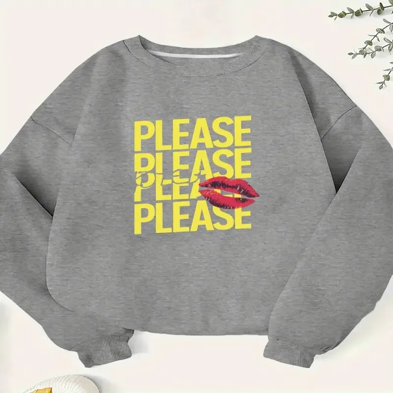 

Осень-зима, женский свитшот больших размеров, уличная одежда с красным ртом и принтом, элегантный простой топ из чистого хлопка с длинными рукавами