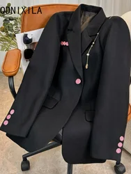 Korean Fashion Blazer Women New In Outerwears Pink Button Temperament  Autumn Black Blazers Long Sleeve Top Casual Jacket Coats