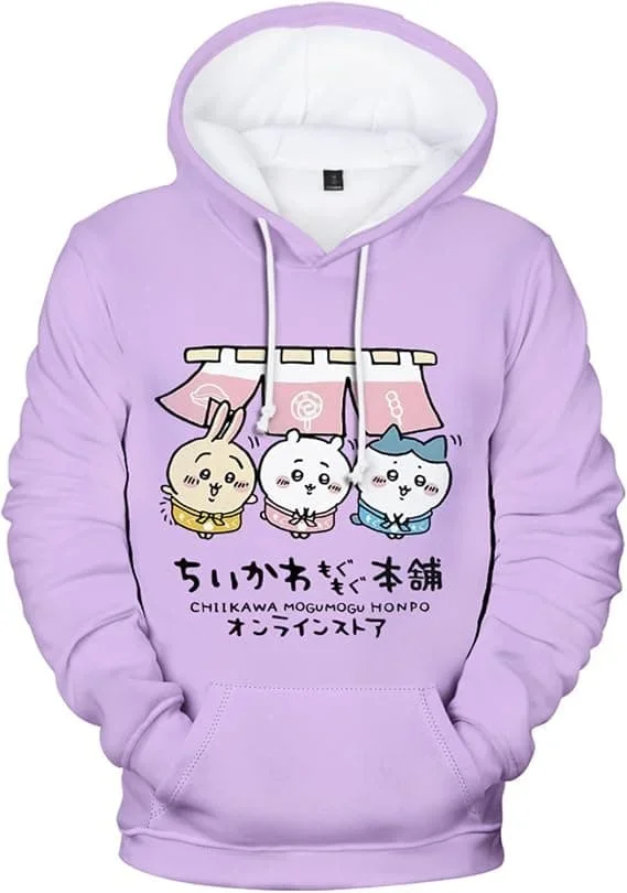 2027 Niedlicher Chiikawa Usagi Hamburger-Print Hoodie Anime Cartoon 3D Pullover Sweatshirt Langarm Freizeit Kapuzenpullover Familien-Set – Detail 11