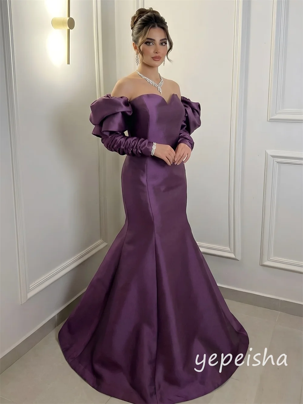 Personalizado roxo modesto requintado plissado puff manga sereia fora do ombro vestidos longos para mulher vestidos de noite pastrol