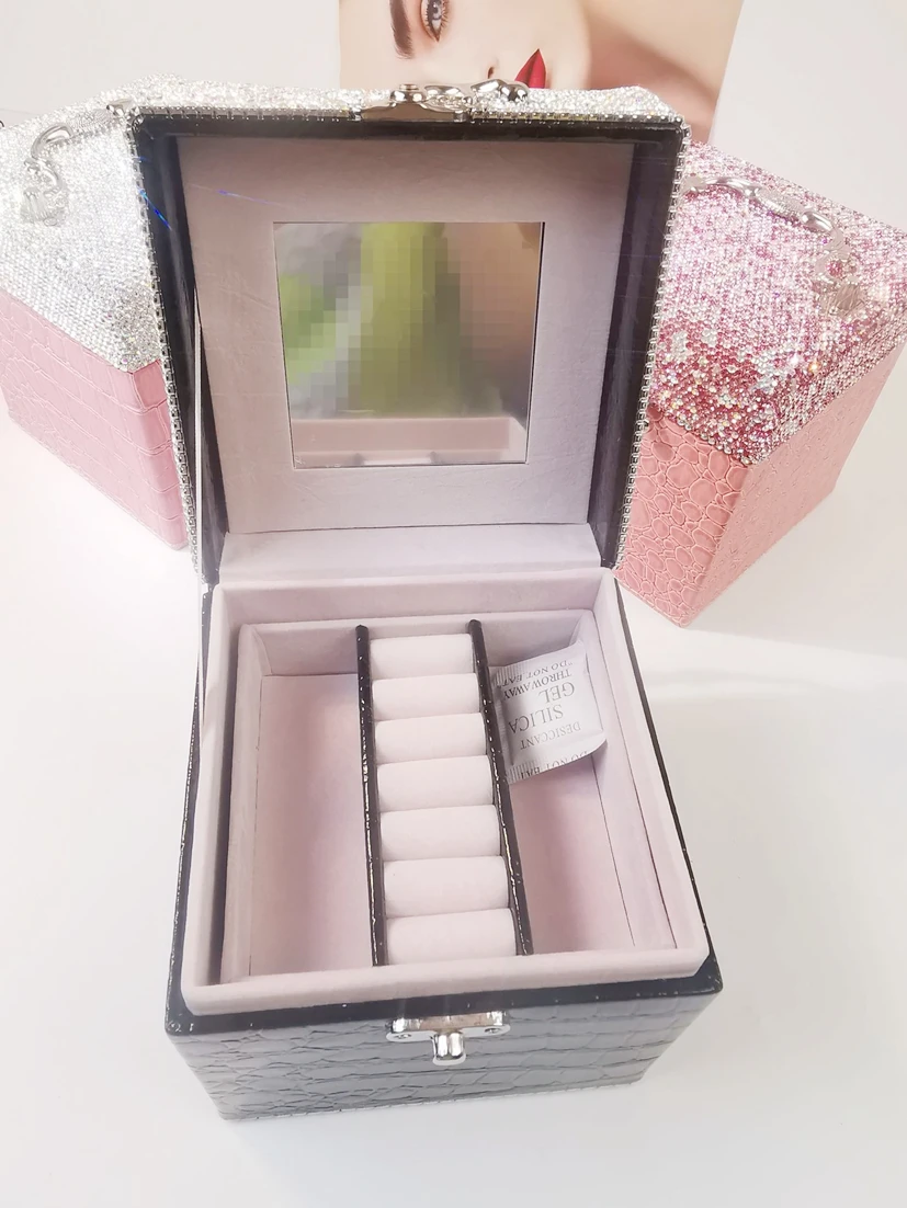 Rhinestone Portable PU Leather Jewelry Ring Display Organizer Box Handle Holder Earring Bracelet Jewelrry Storage Case Showcase