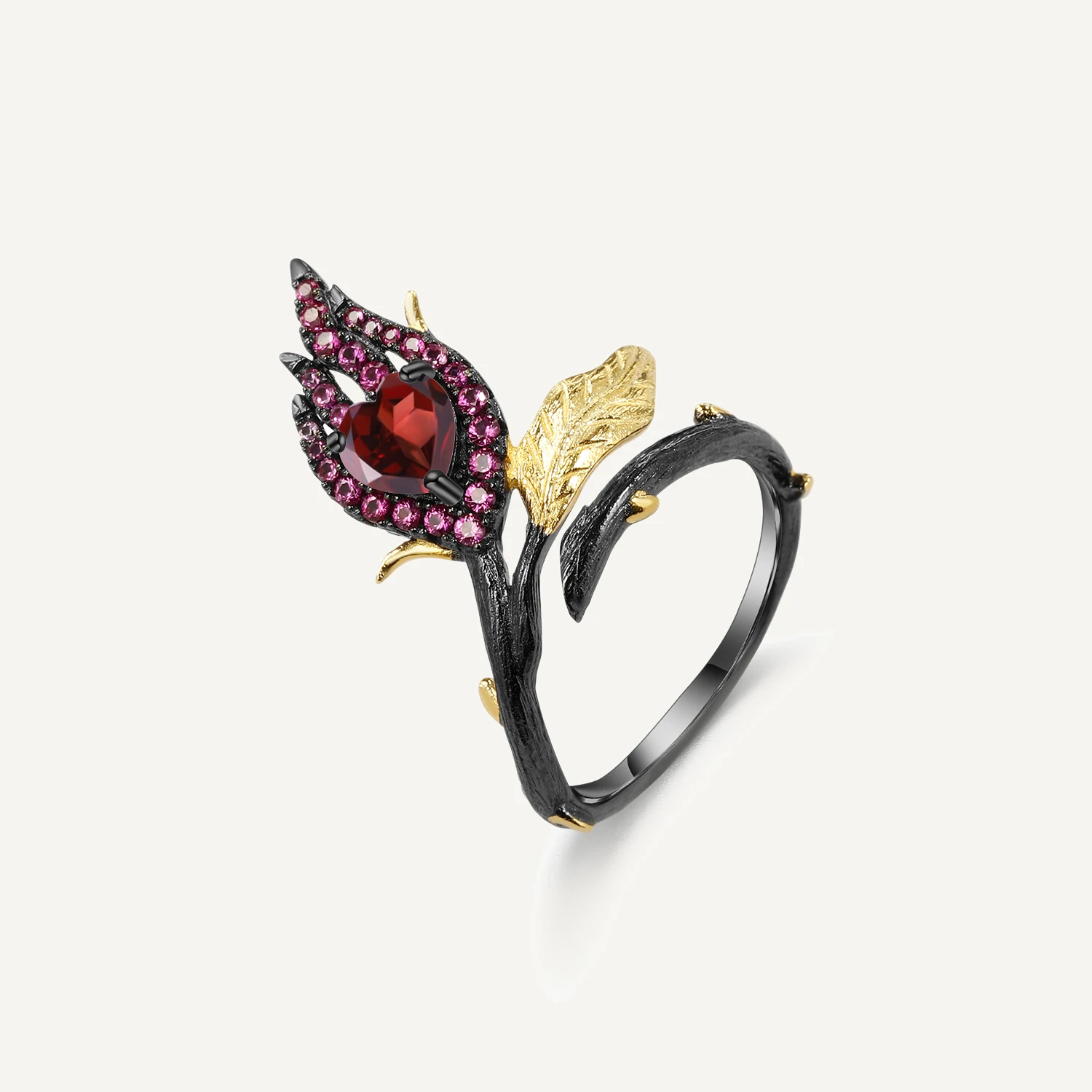 GEM'S BALLET 925 Silver Black Golden Handmade Bud Flower Open Ring Burning Heart Natural Garnet Woman's Adjustable Gemstone Ring