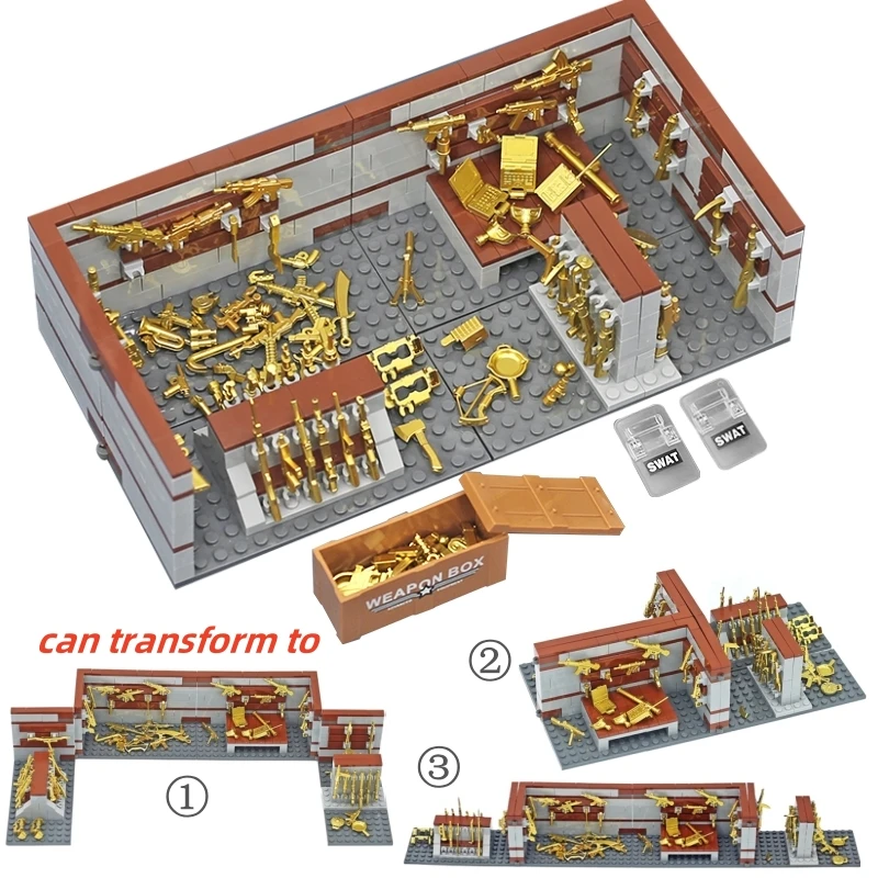 

MOC Military Armory Building Blocks Toys for Boys Gifts Golden Weapons Guns Accessories Blocks Transformed Construction Toy