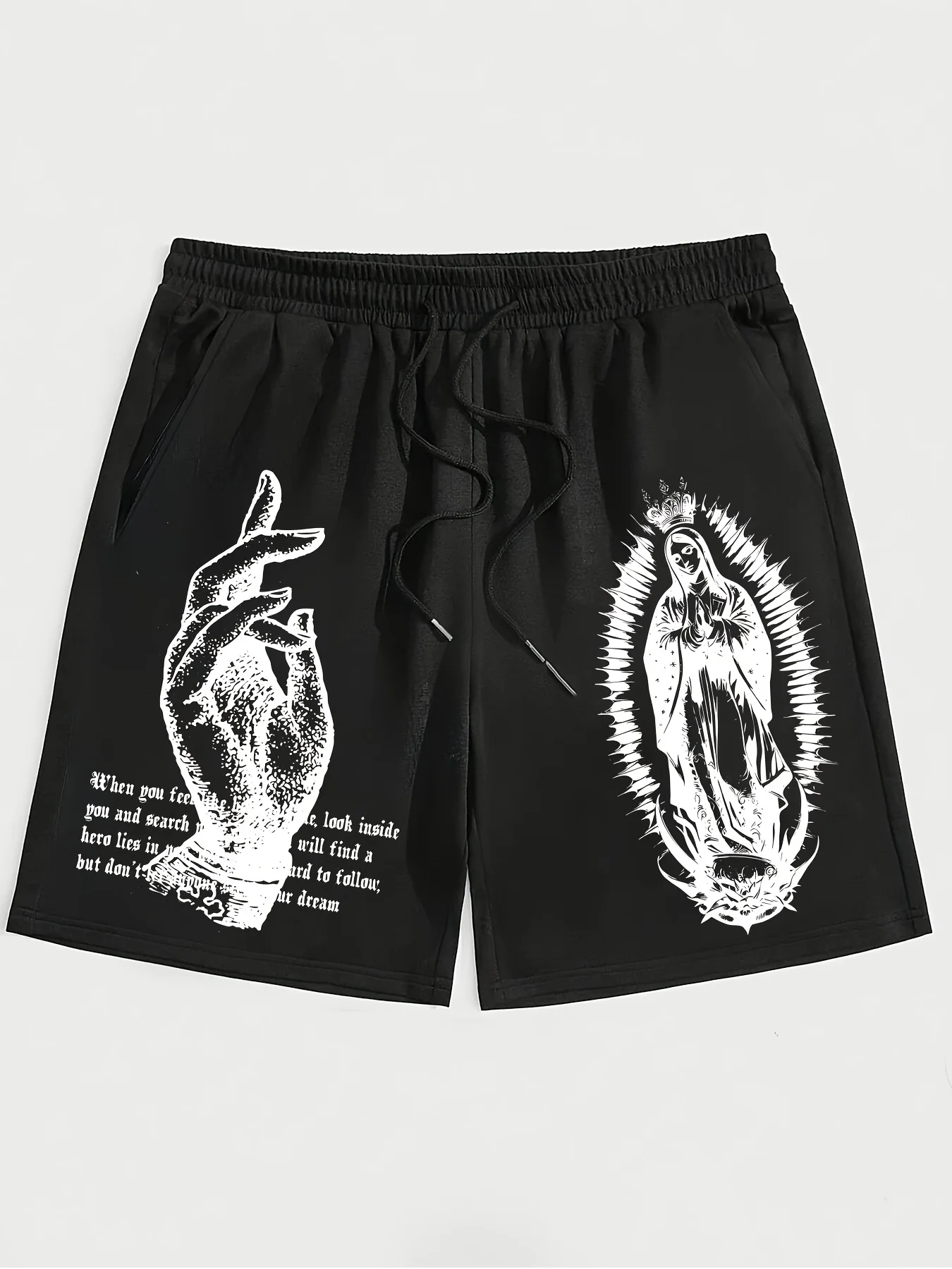 

Men's casual shorts with praying hands and Our Lady of Guadalupe print. Stretch and comfortable all-season sports shorts.
