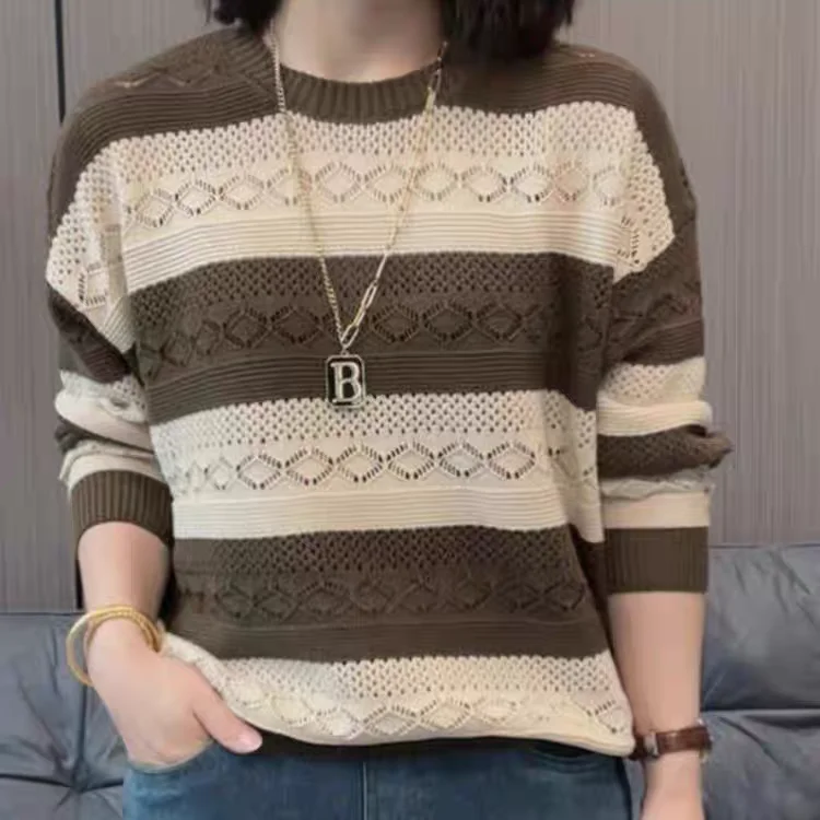 

Женский тонкий трикотажный топ Lazy Stripe на весну-осень, свободный, модный, с ажурной вязкой, из полиэфирного волокна, с круглым вырезом...