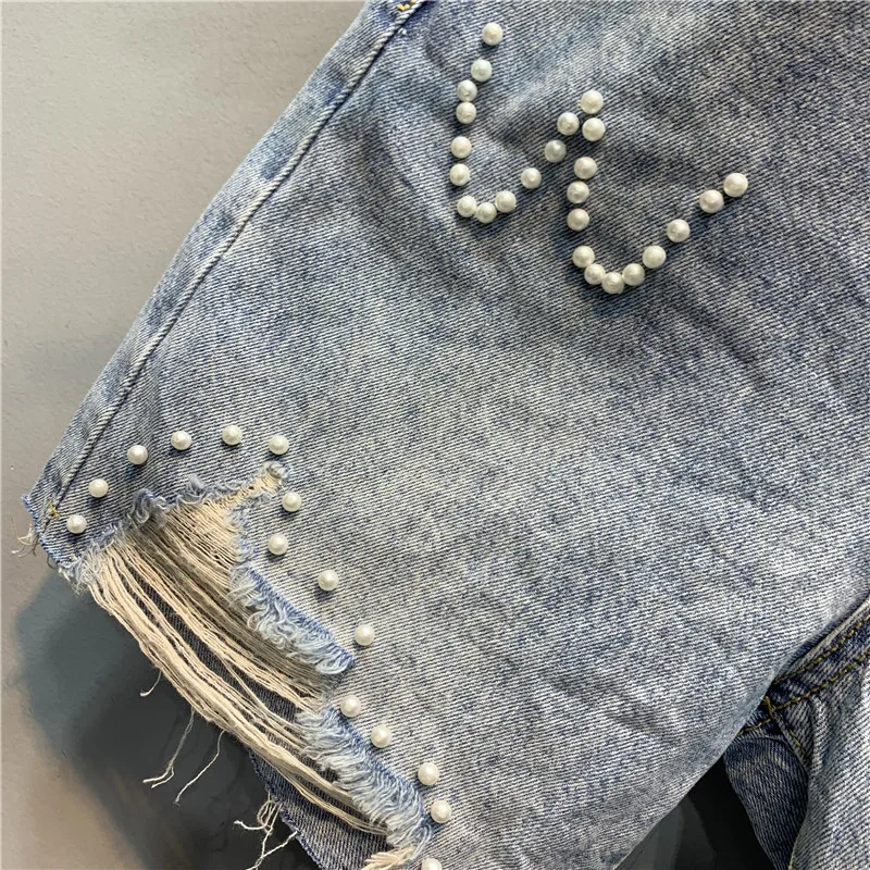 Original 2024 Summer New European Ripped Beaded Cartoon Shorts Fashion Patch High Waist Slim Streetwear Denim Straight-Leg Pants