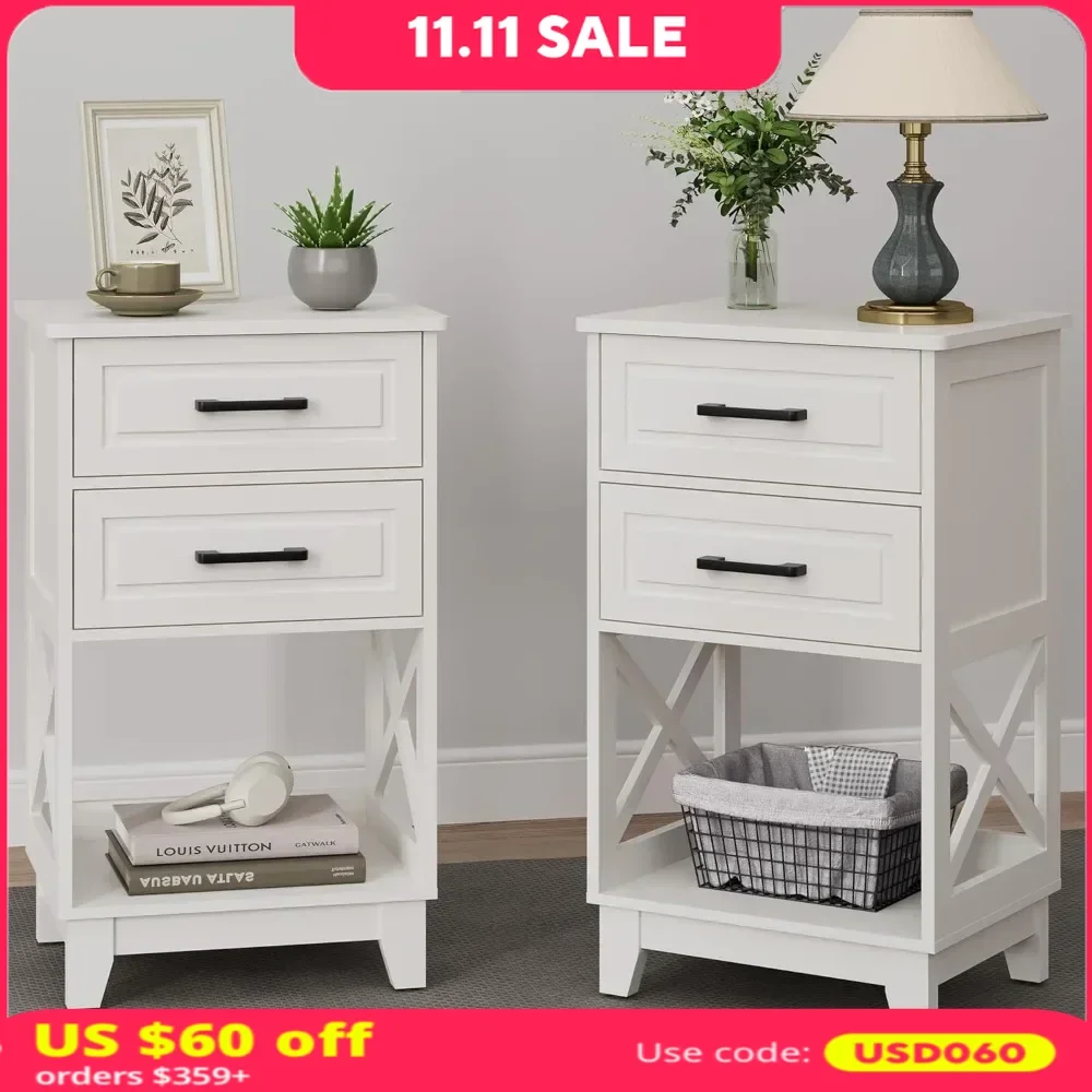 Tall Nightstand Set of 2 Side Table with 2 Drawers and Open Shelf Below Modern NightStand End Table