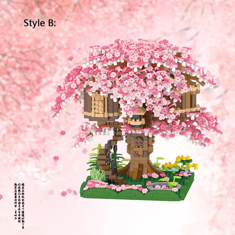 Doubuilt Mini Sakura Tree House 2138pcs Build Block City Street View Cherry Blossom Model Building Blocks Toys Children Gifts