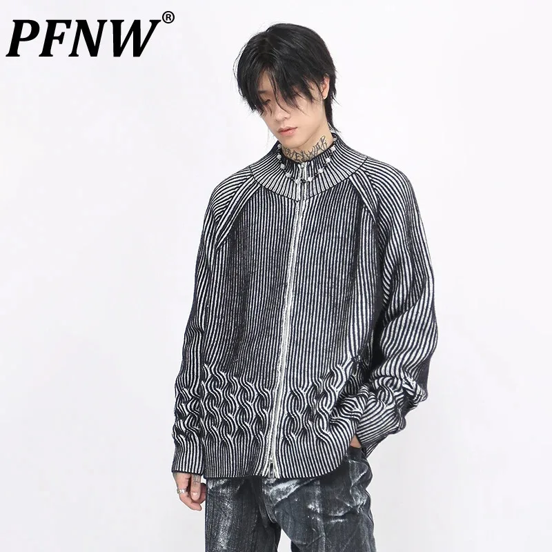 PFNW American Style Dyed Vintage Sweater Men's High Street Worn-out Texture Design Niche Zipper Cardigan Knitwear Trend 28W5063