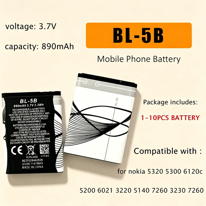 

BL 5B 890mAh Battery 3.7V Lithium Batteries for Nokia 5300 5320 5500 N80 N90 7360 3230 5070 3220 6120c Mobile Phone Bl5b Cell